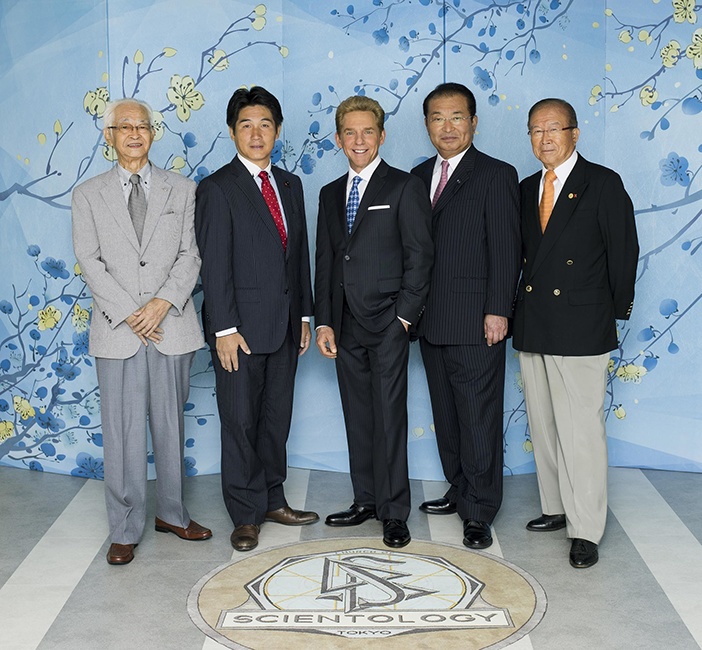 Mr. David Miscavige with Mr. Takayuki Shirota, Mr. Tomoo Furubo, Mr. Masami Saito, Mr. Tomoki Hirabayashi, at Tokyo Ideal Org Grand Opening